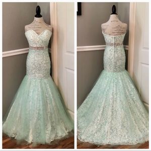 NEW TIFFANY DESIGNS SZ 12 MINT GREEN IVORY STRAPLESS LACE GOWN